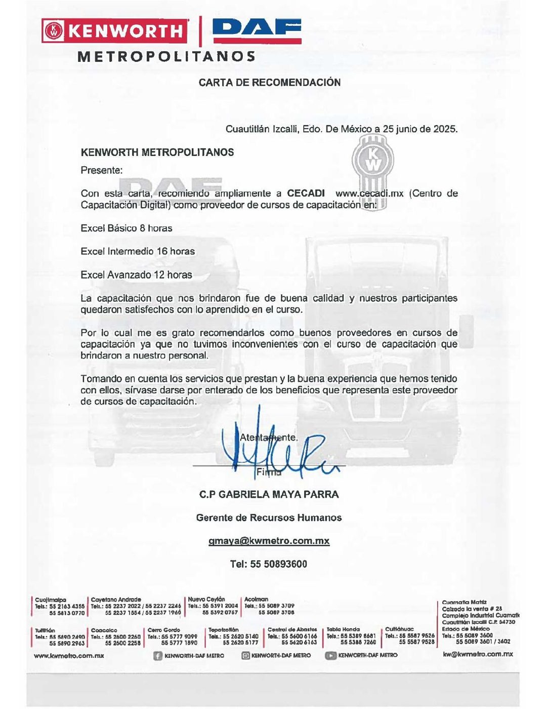 Carta de recomendación de Kenworth-DAF