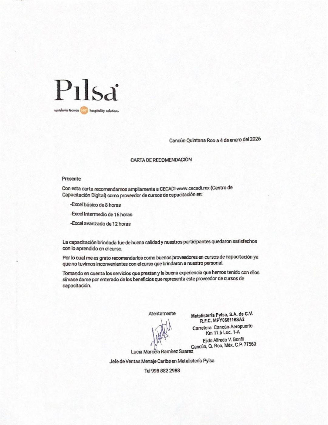 Carta de recomendación de Metalistería Pilsa