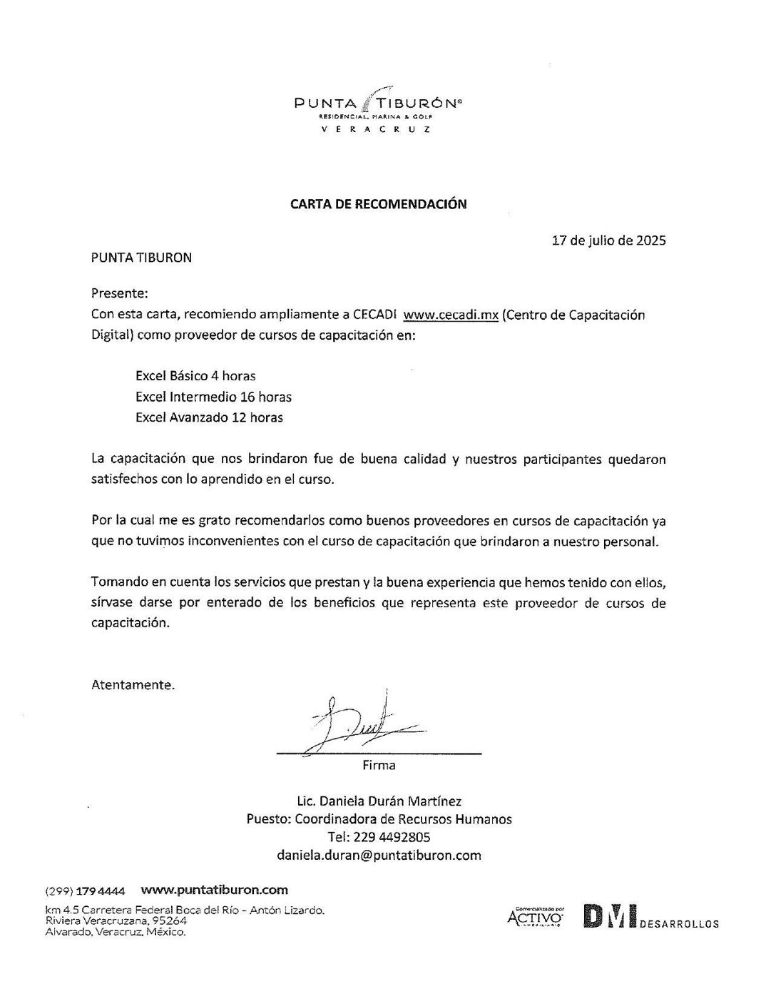Carta de recomendación de Punta Tiburón