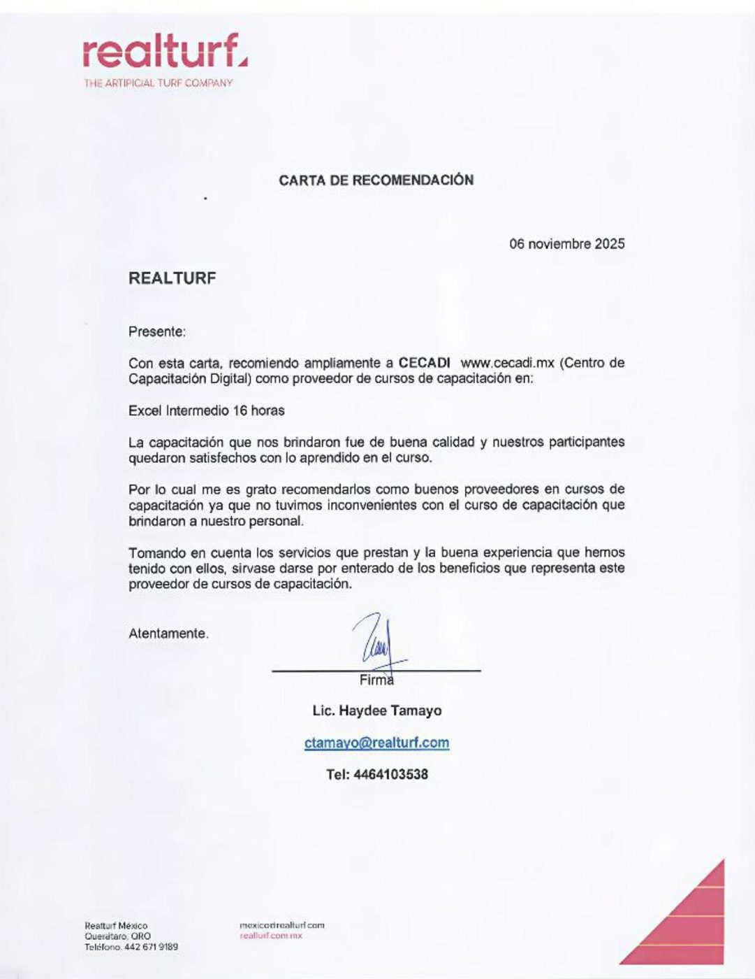 Carta de recomendación de Realturf
