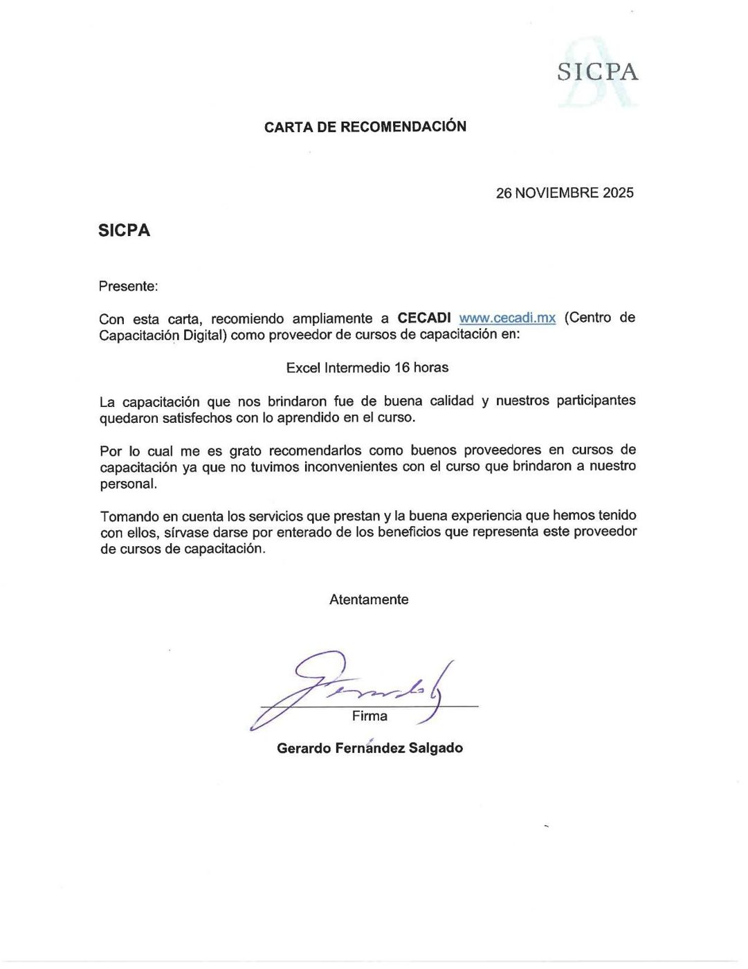 Carta de recomendación de SICPA