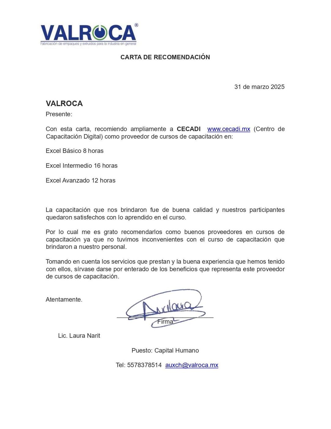 Carta de recomendación de Valroca