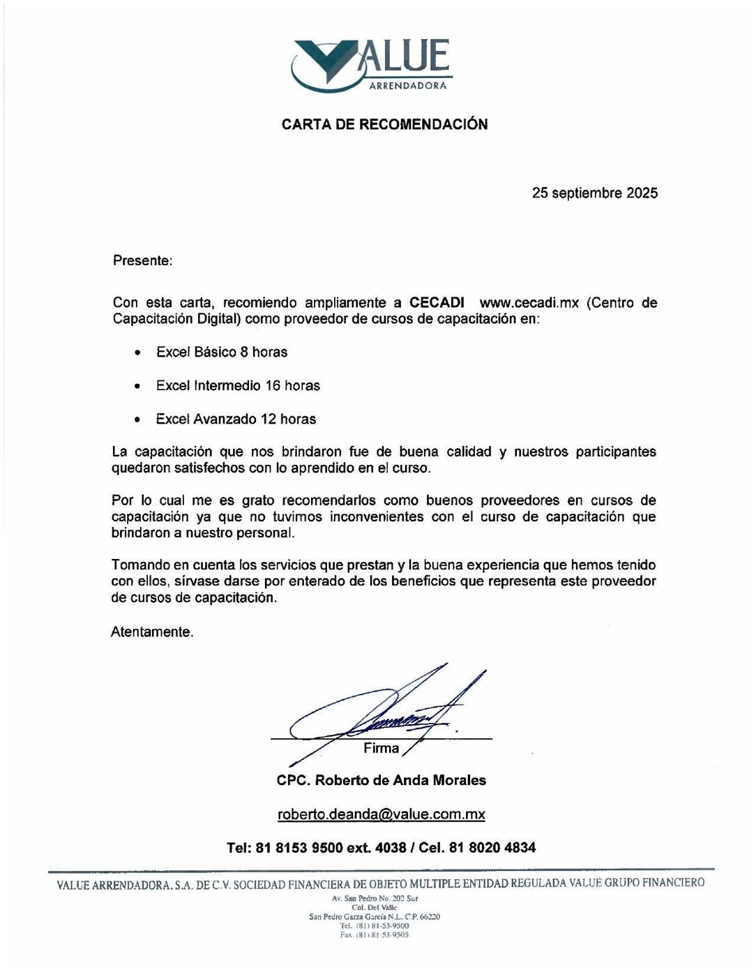 Carta de recomendación de Value Arrendadora